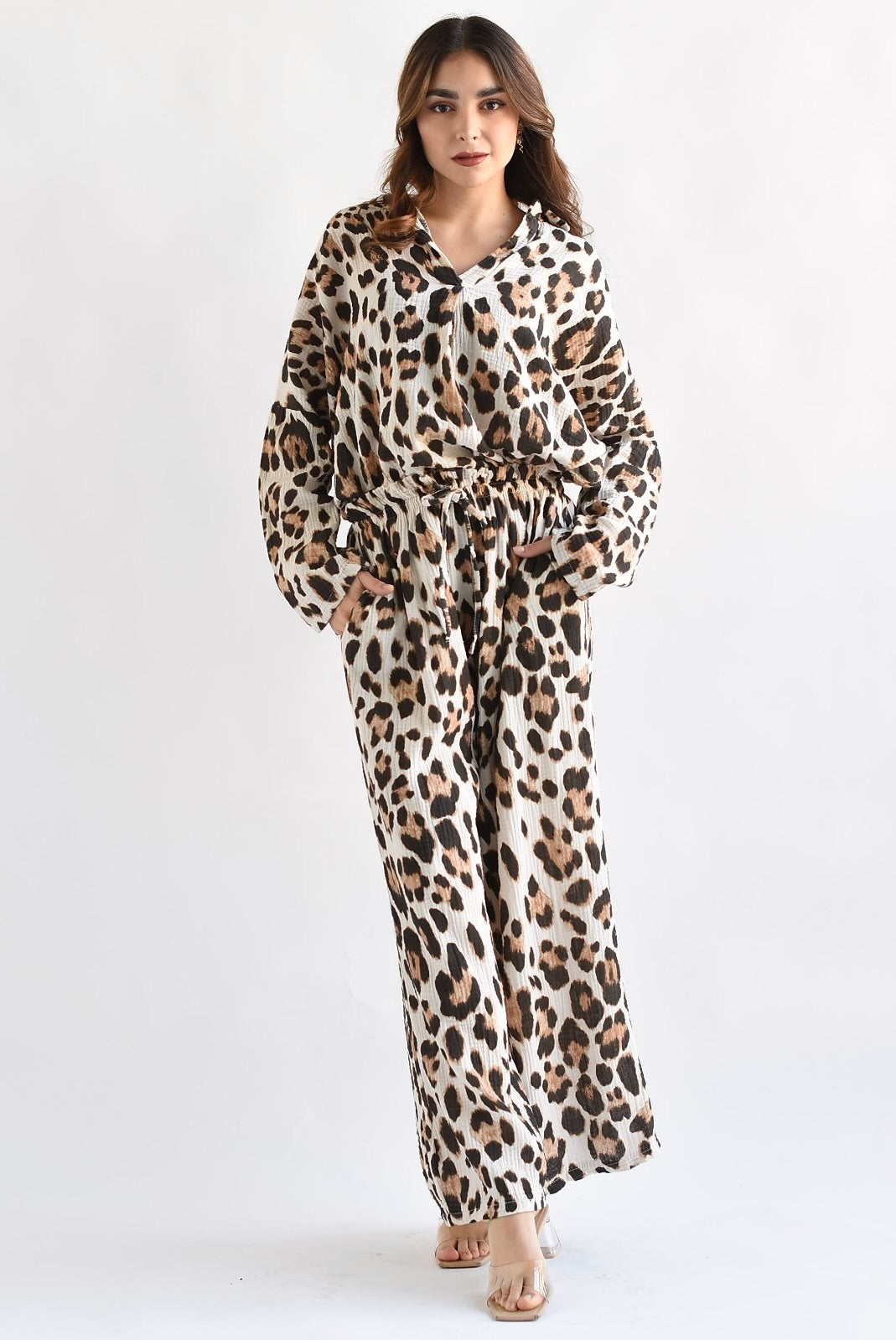 Set Pantalón y Blusa lino Leopardo