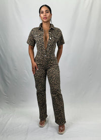 Fashion Styled Jumpsuit Leopardo Denim manga corta