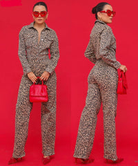 Fashion Styled Jumpsuit Leopardo Denim manga larga