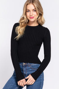 Fashion Styled Blusa de punto canalé manga larga Negra