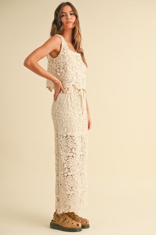 Set Falda larga y Blusa crochet flores Crudo