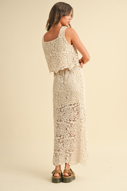 Set Falda larga y Blusa crochet flores Crudo