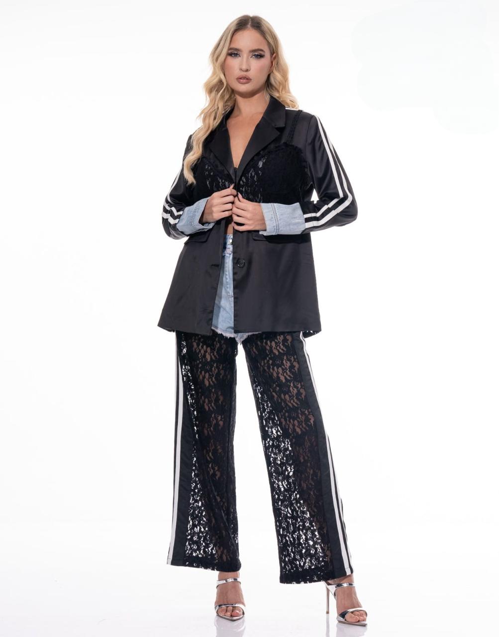 Blazer track satín corset encaje Negro