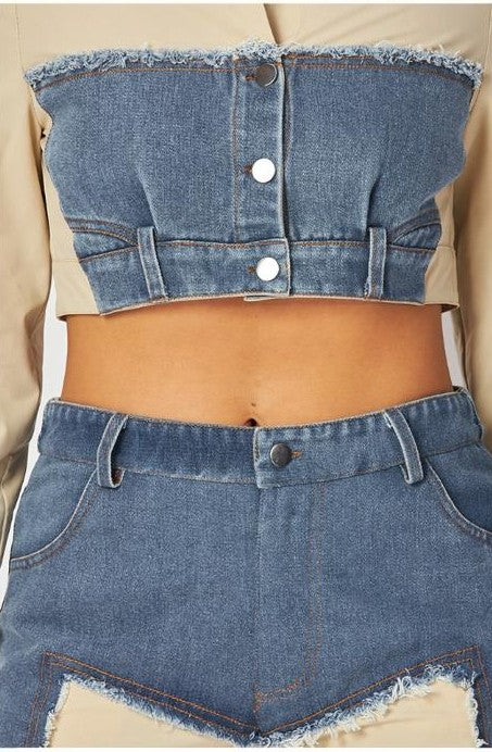 Set Pantalón y Chamarra Denim patchwork Kaki