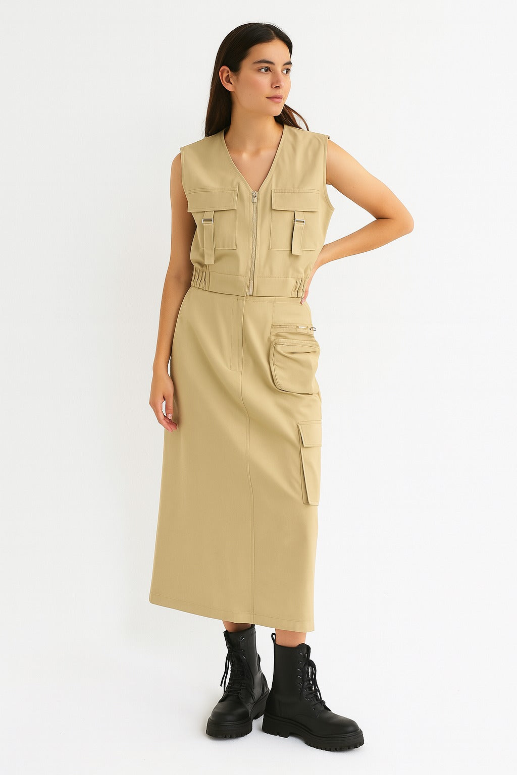 Set de Falda larga y Chaleco cargo Kaki