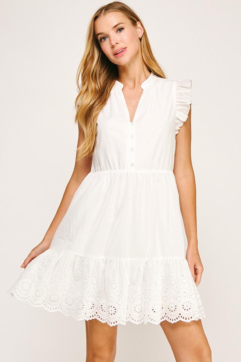 Vestido corto olán tira bordada Blanco