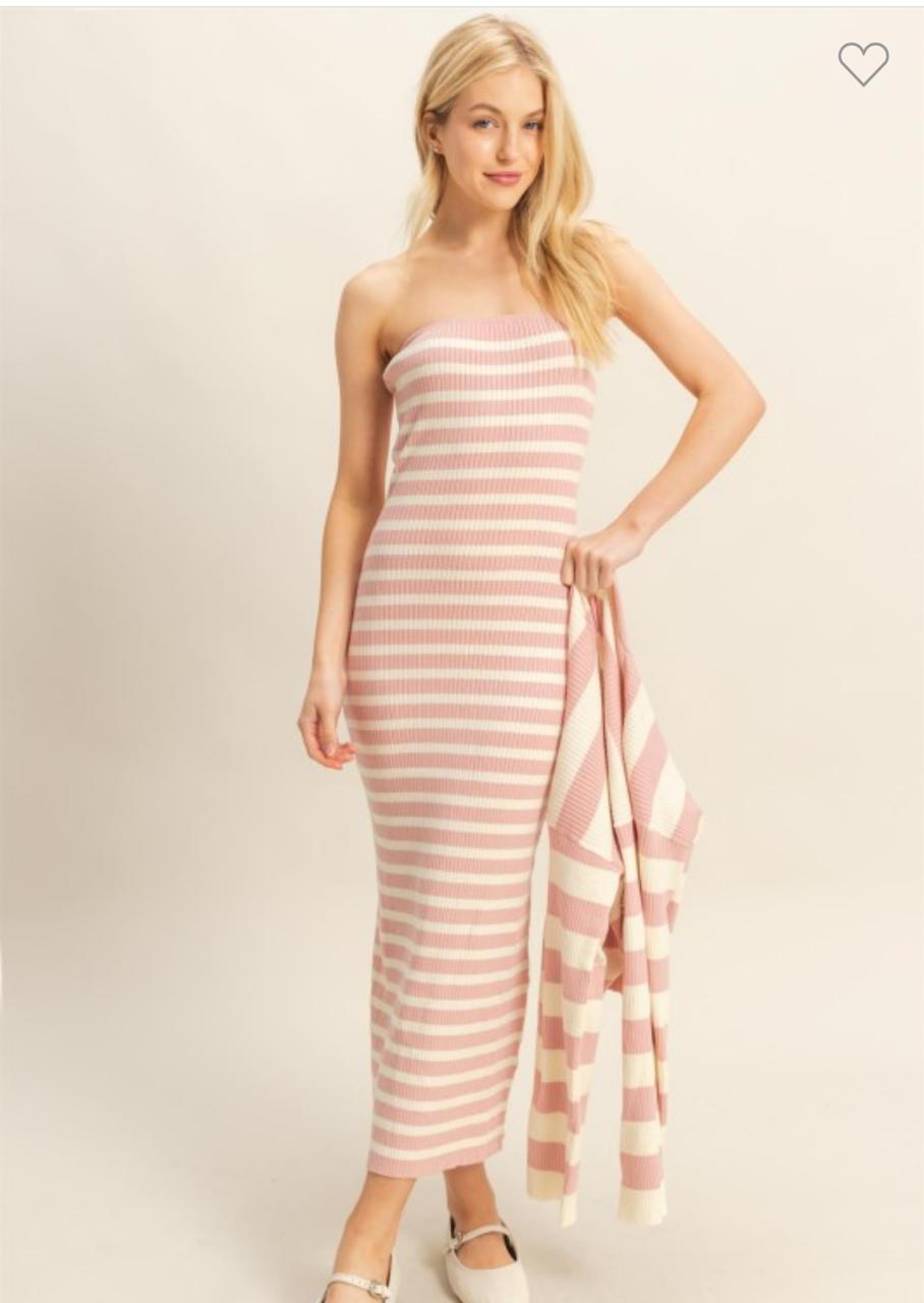 Set Vestido y Cárdigan rayas Rosa Baby