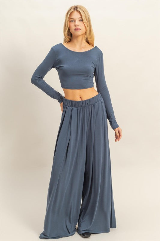 Set Pantalón wide leg y T-shirt crop manga larga Azul Denim