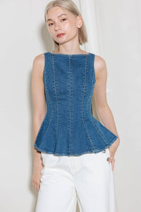 Fashion Styled Blusa peplum costuras Denim Dark
