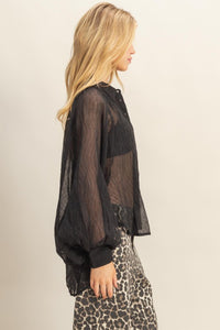 Fashion Styled Blusa corrugada manga vampiro Negro