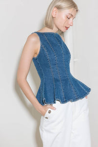 Fashion Styled Blusa peplum costuras Denim Dark