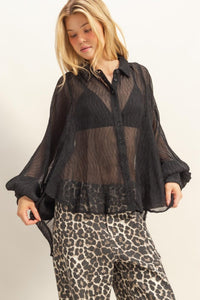 Fashion Styled Blusa corrugada manga vampiro Negro