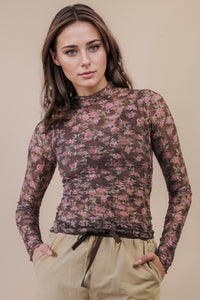 Fashion Styled Blusa manga larga encaje flores rosas Negro