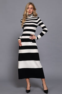 Fashion Styled Vestido cuello alto punto franjas Blanco & Negro