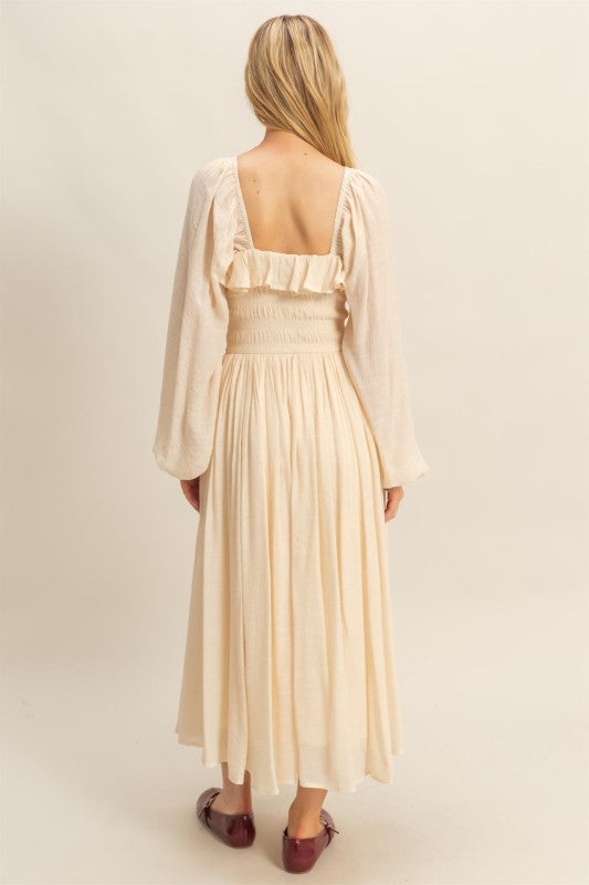 Vestido tipo gasa torso elástico Beige