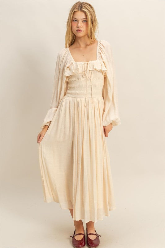 Vestido tipo gasa torso elástico Beige