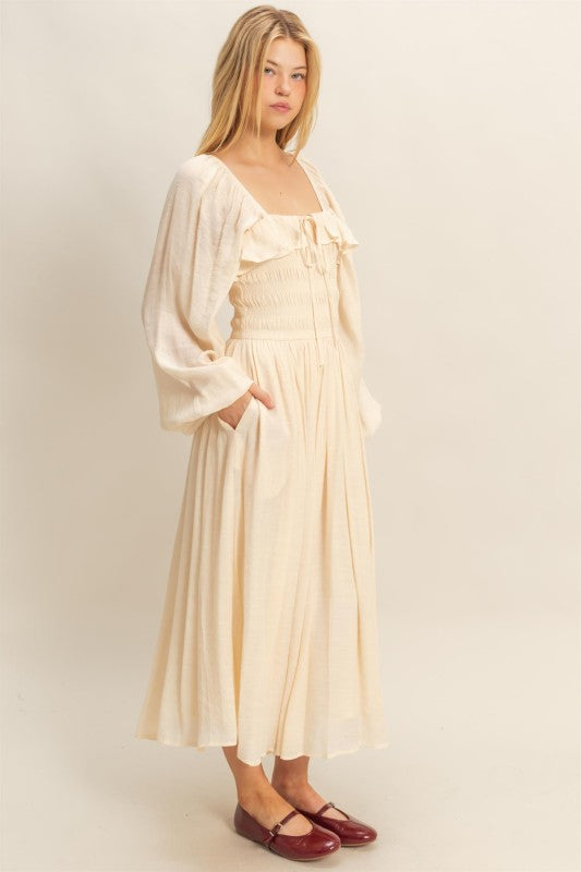 Vestido tipo gasa torso elástico Beige