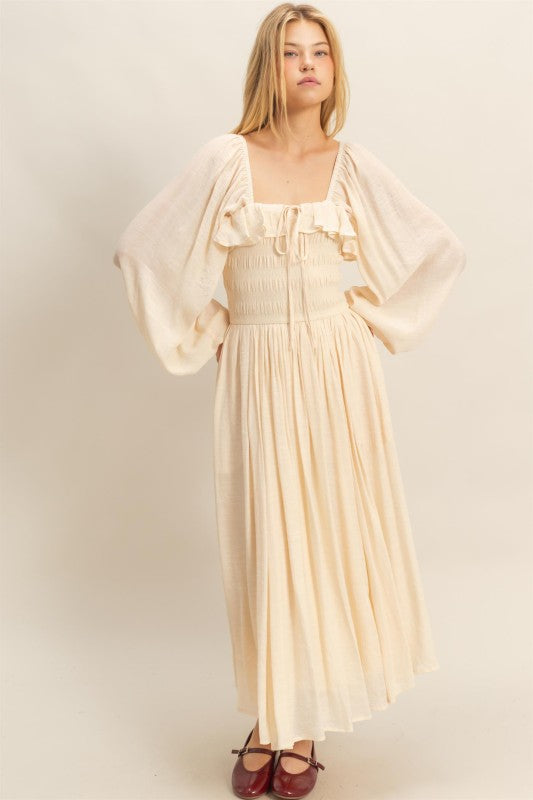 Vestido tipo gasa torso elástico Beige