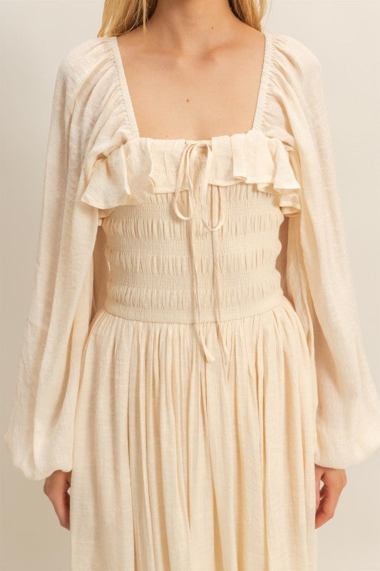 Vestido tipo gasa torso elástico Beige