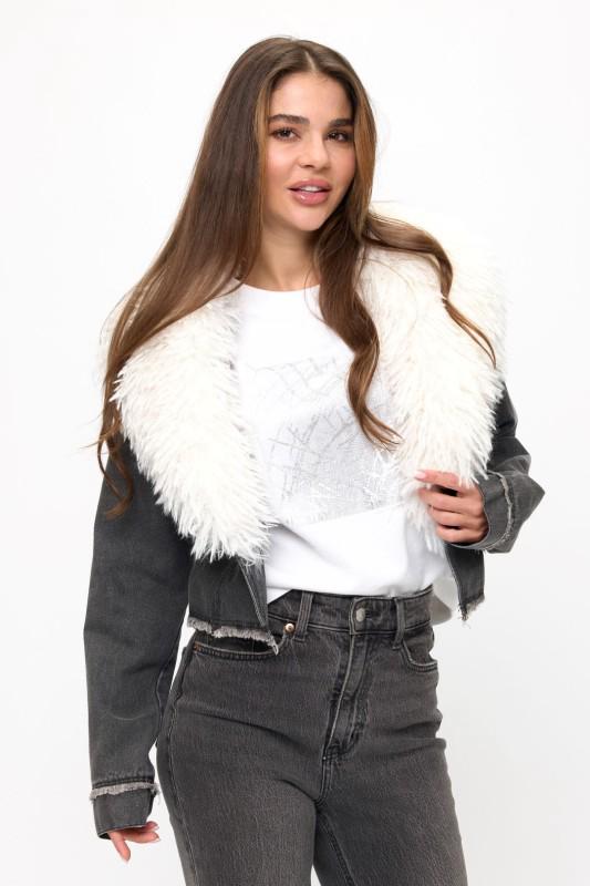 Blazer Denim cuello fur Negro