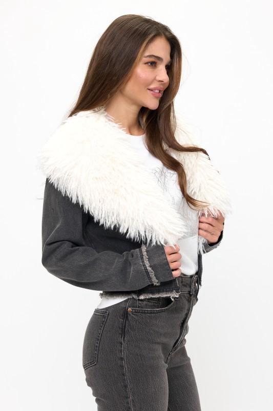 Blazer Denim cuello fur Negro