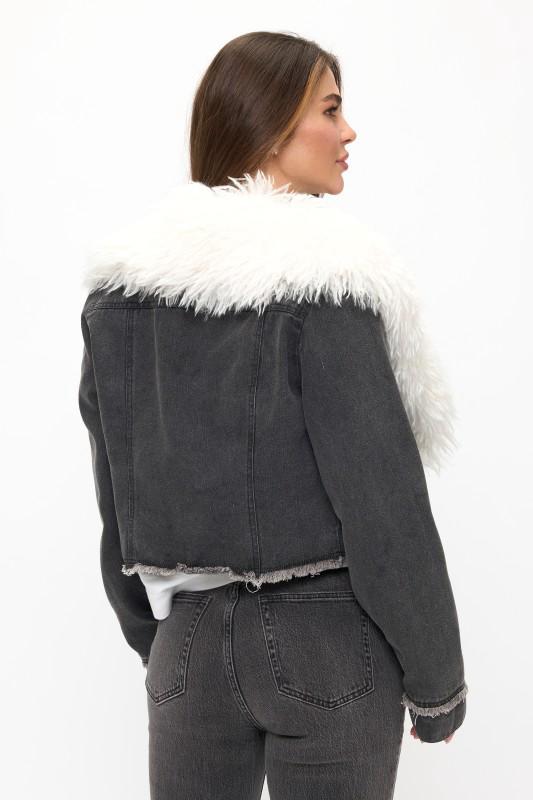 Blazer Denim cuello fur Negro