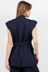 Fashion Styled Chaleco solapa cinturón Azul Marino