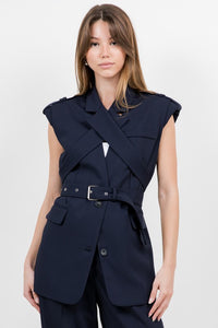 Fashion Styled Chaleco solapa cinturón Azul Marino