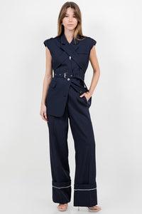 Fashion Styled Chaleco solapa cinturón Azul Marino