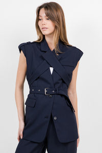 Fashion Styled Chaleco solapa cinturón Azul Marino