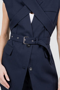 Fashion Styled Chaleco solapa cinturón Azul Marino