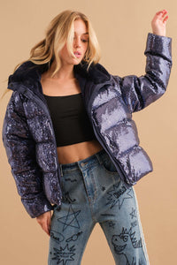 Fashion Styled Chamarra puffer lentejuela hoddie Azul Marino