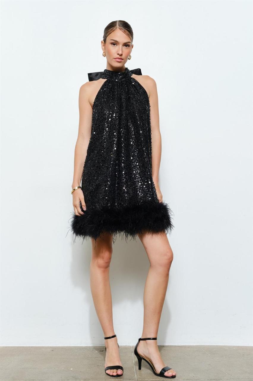 Vestido halter lentejuela plumas Negro