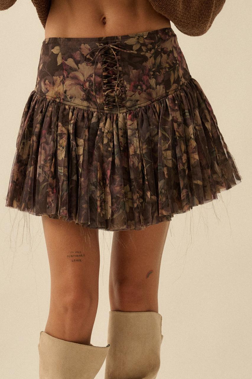 Set Falda mini plisada y Blusa mesh flores