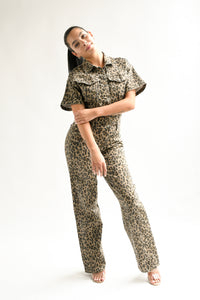 Fashion Styled Jumpsuit Leopardo Denim manga corta