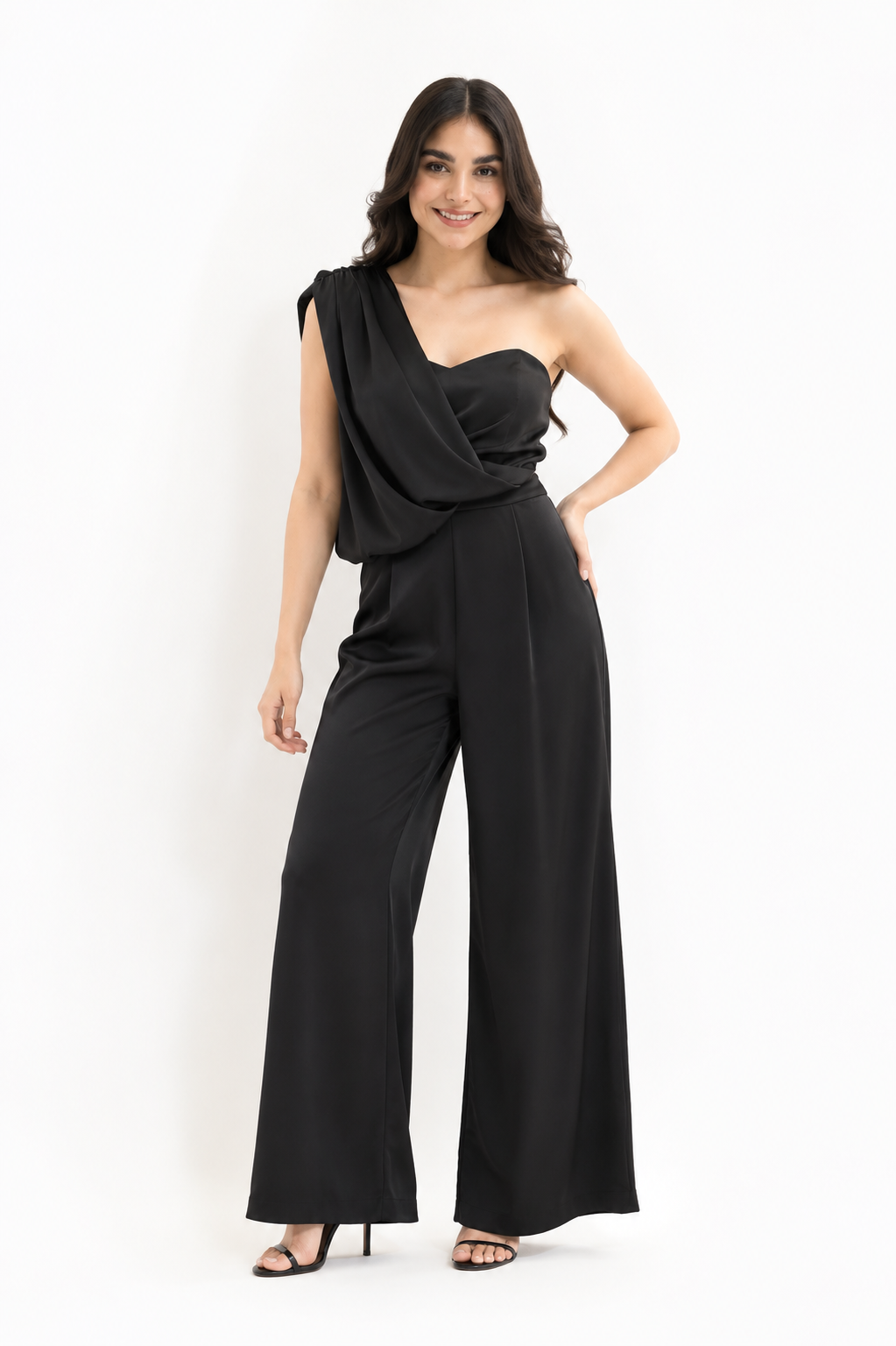 Jumpsuit satín un hombro Negro