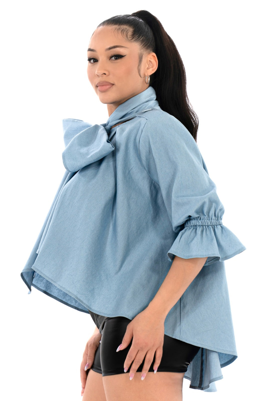 Blusa asimétrica Denim cinta cuello