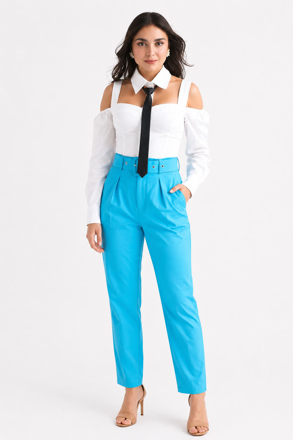 Pantalón de vestir con cinturón Azul Mikonos