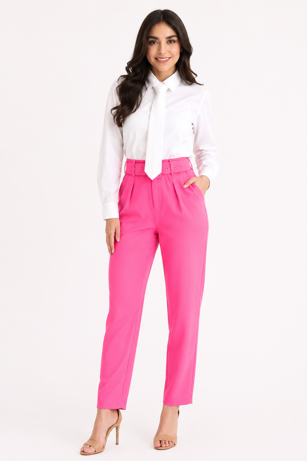 Pantalón de vestir con cinturón Rosa Chicle