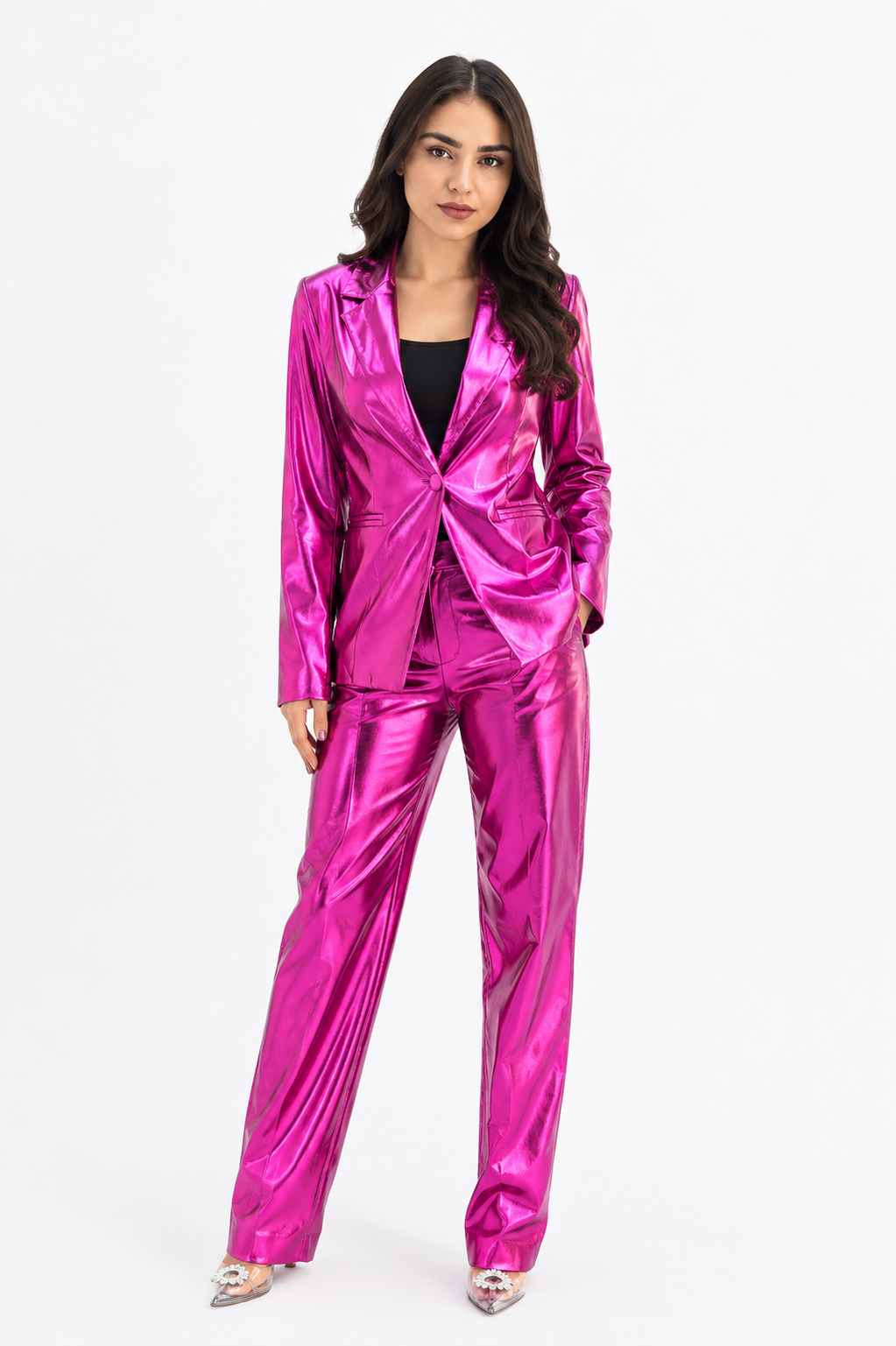 Pantalón recto metálico Magenta