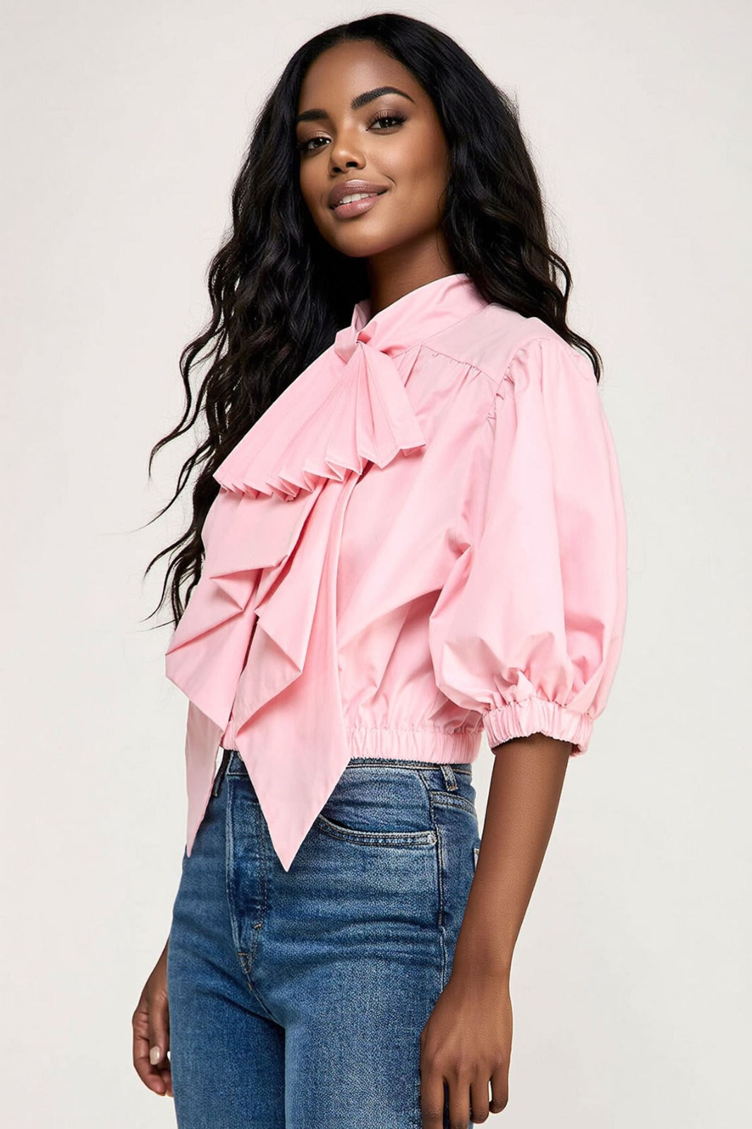 Blusa manga globo moño plisado