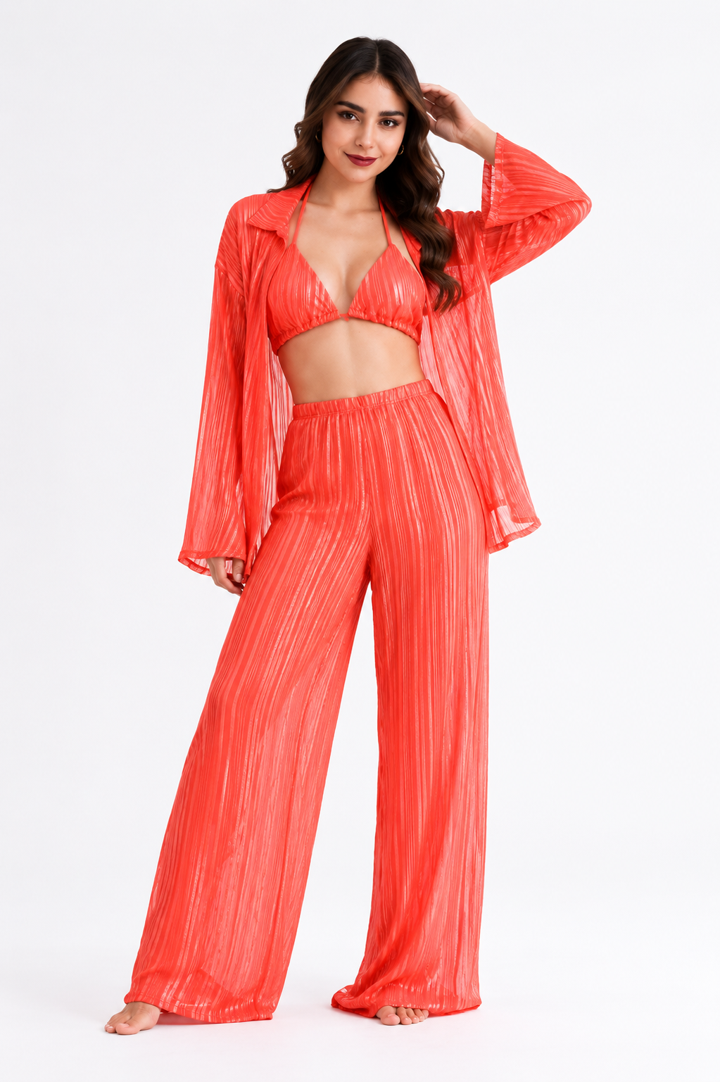 Set de 3 piezas: Pantalón, Camisa y Top Coral