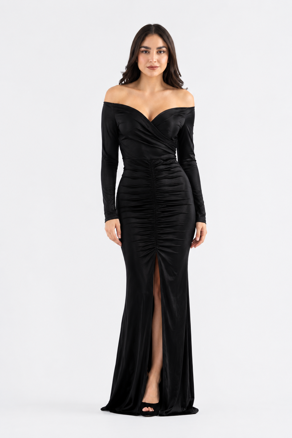 Vestido largo de licra spandex drapeado Negro