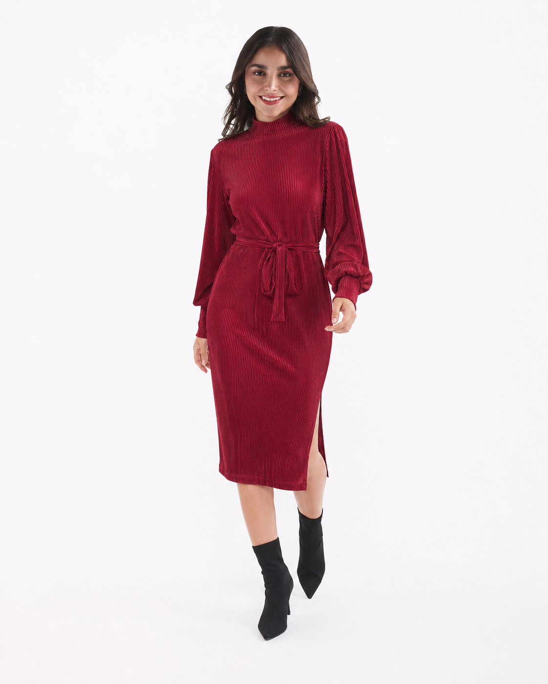 Vestido Manga Larga Cuello Alto Vino