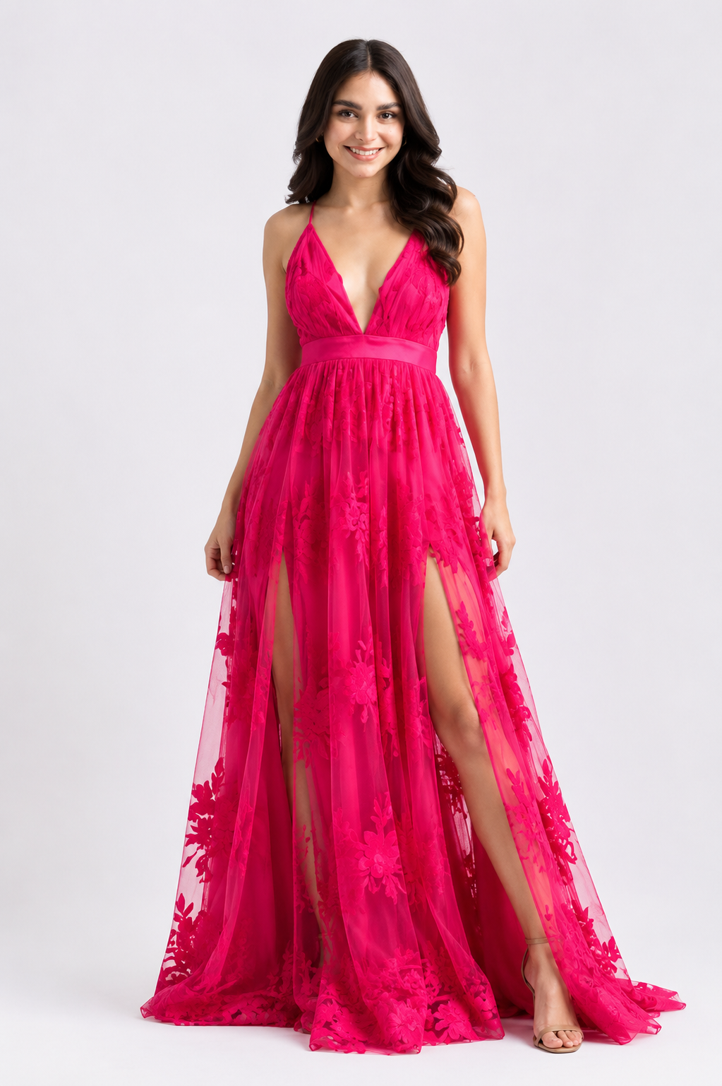 Vestido largo tulle con flores terciopelo Rosa