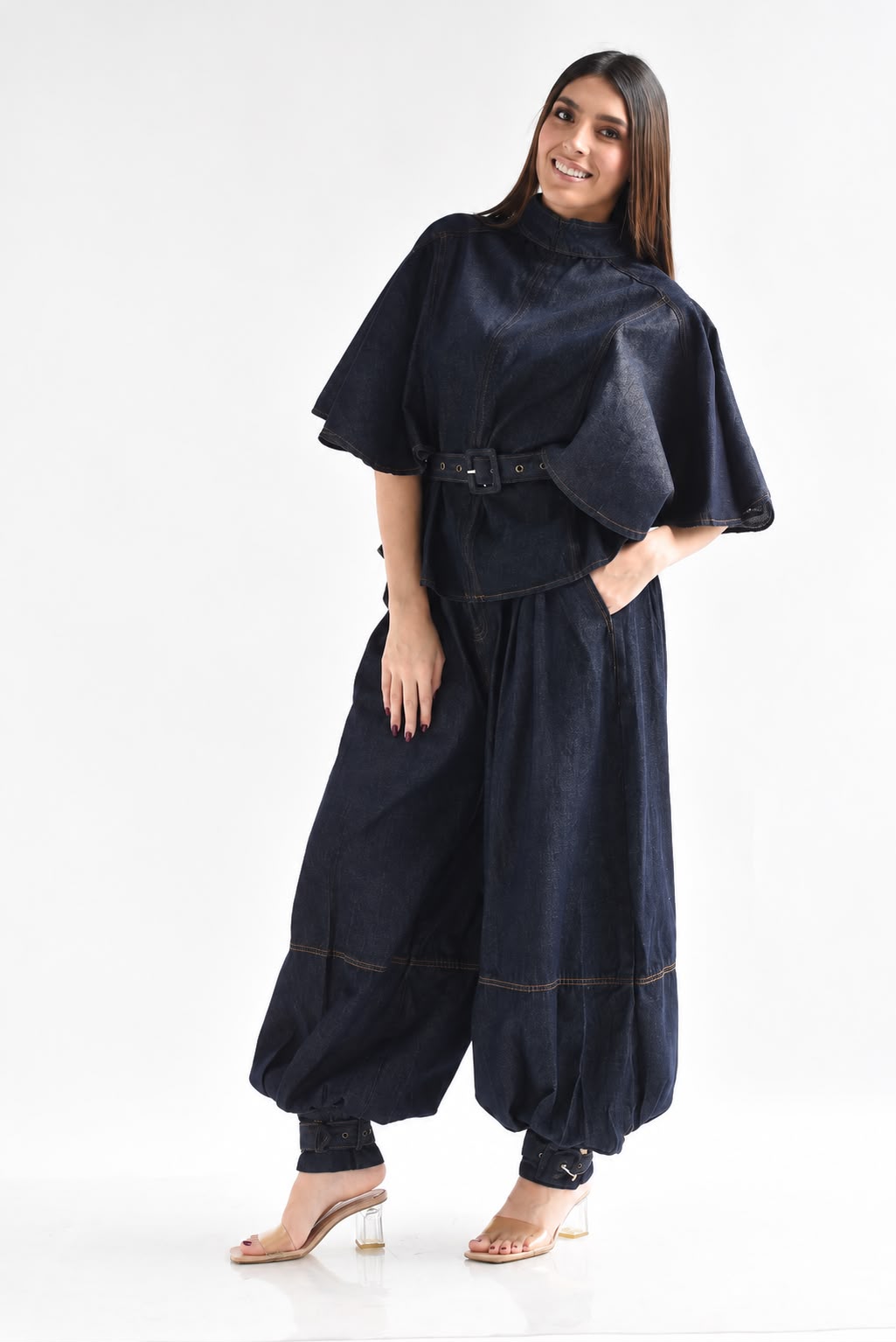 Set Pantalón globo y Blusa tipo capa Denim