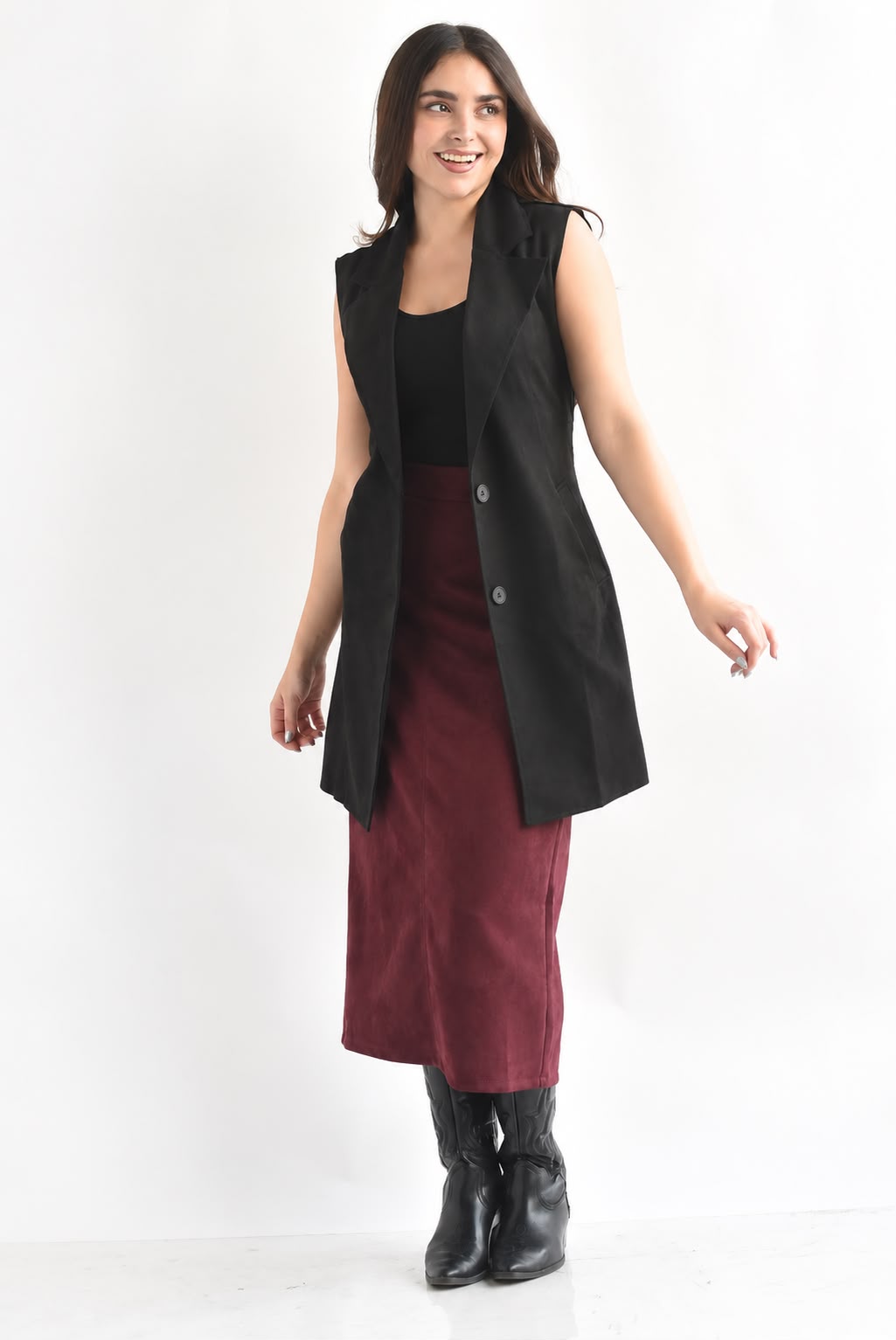 Chaleco largo cinta suede Negro
