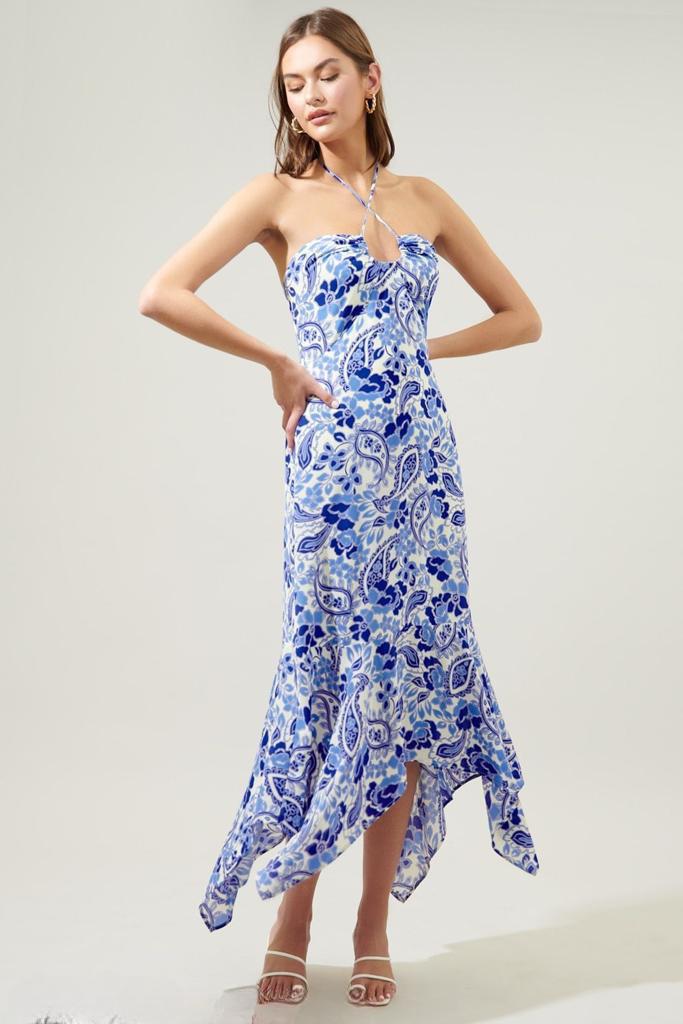 Vestido asimétrico Paisley Azul con Blanco