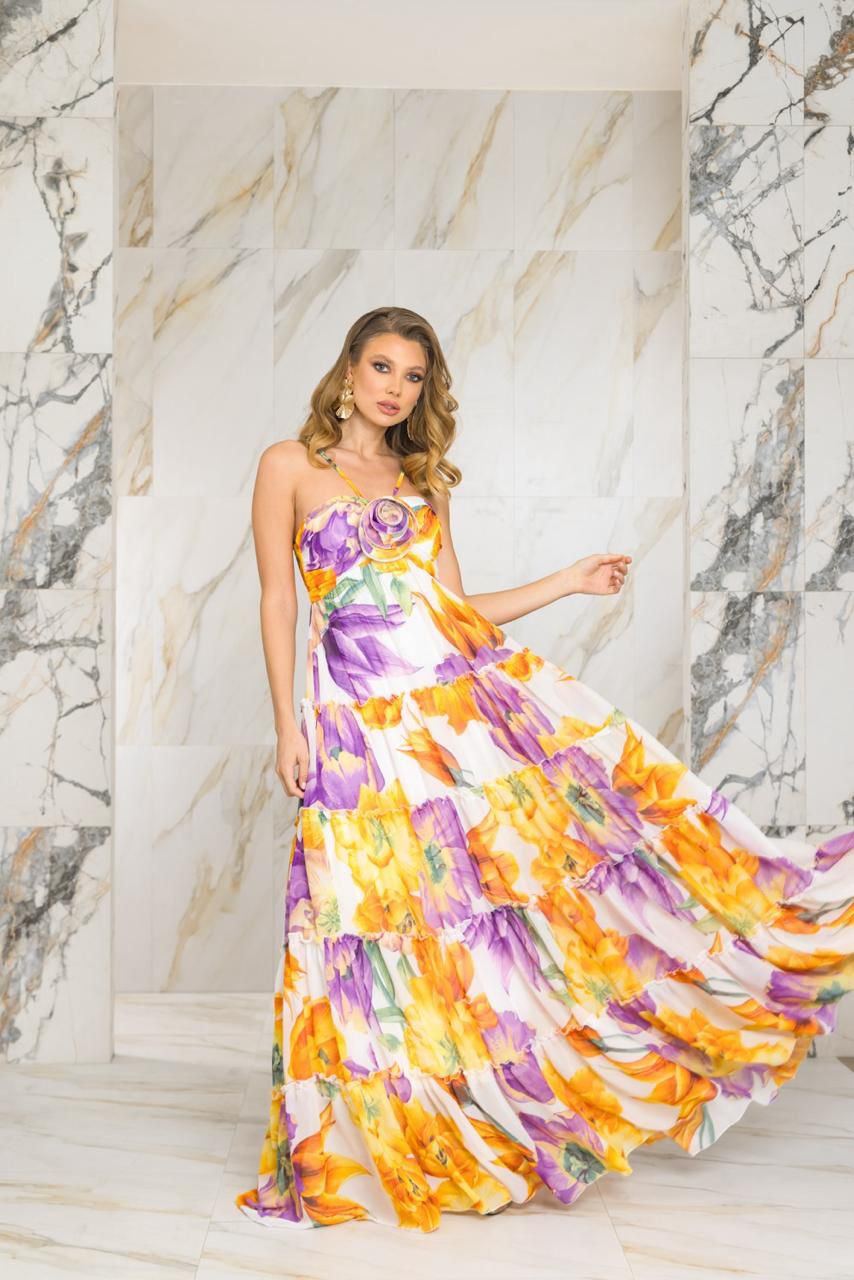 Maxidress Flor 3D Amarillo con Morado