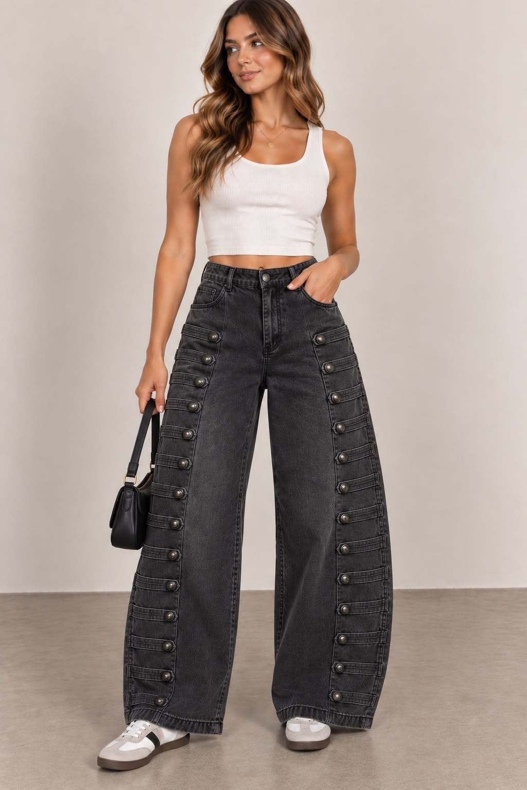 Jeans barrel militar botón plata